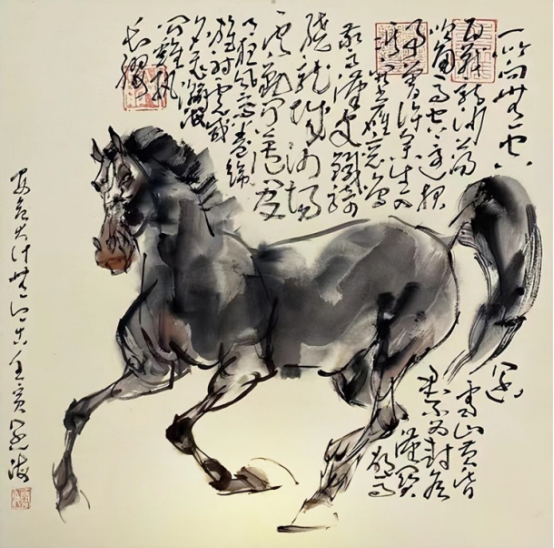 新汉画创始人著名画家王阔海水墨画《百马图》