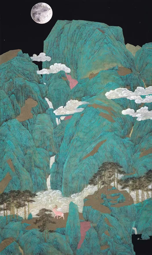 书画名家刘名杰古典精品青绿山水画定制收藏【月色青峦】插图1