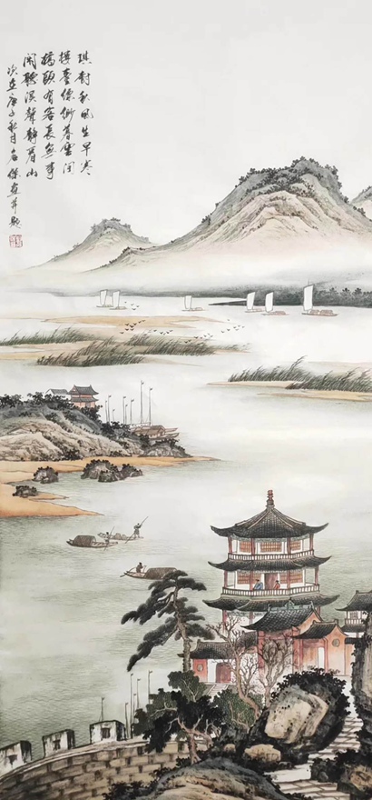 书画名家刘名杰古典山水画定制收藏【秋江楼阁图】插图1