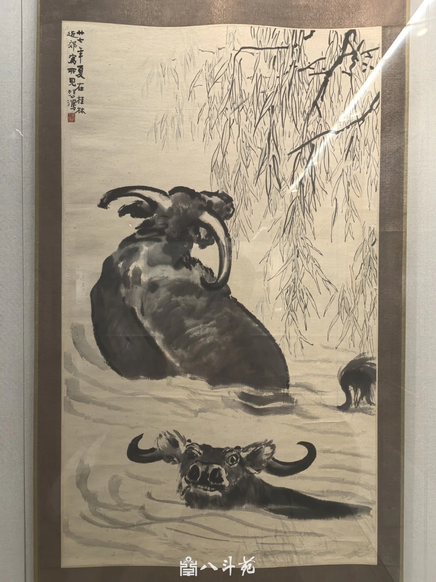 徐悲鸿柳下水牛（1938年，款署桂林近郊写所见）