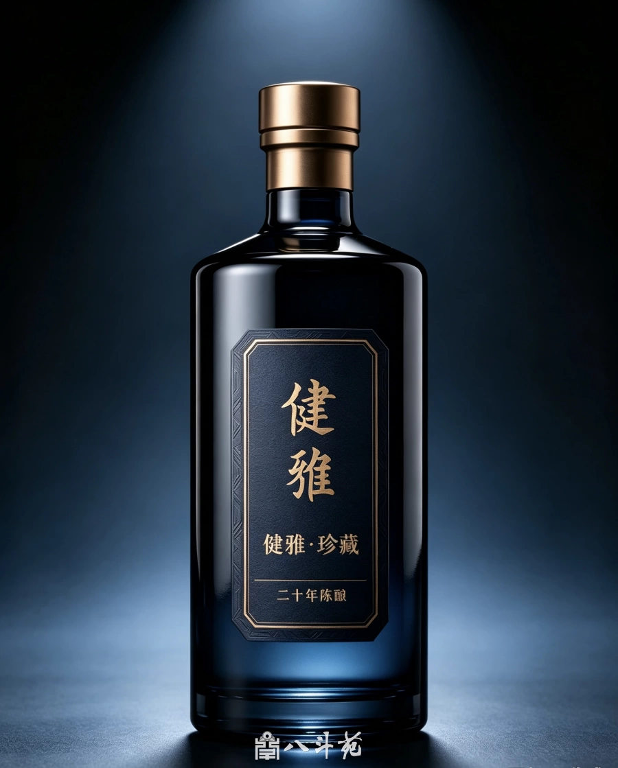 酒品牌题名|郭永琰楷书 “健雅”【品牌题字案例】插图 郭永琰题字“健雅”酒瓶(墨蓝款):健雅·珍藏 二十年陈酿
