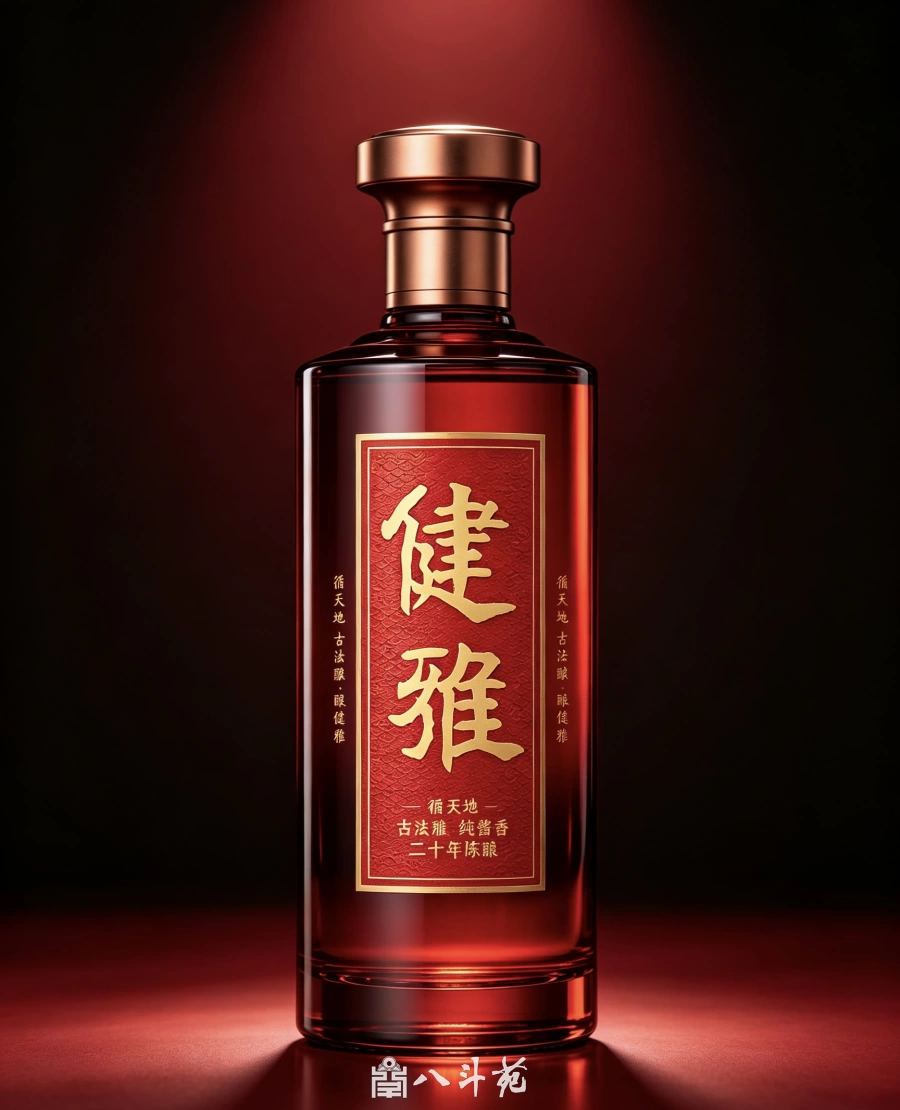 酒品牌题名|郭永琰楷书 “健雅”【品牌题字案例】插图2 郭永琰题字“健雅”酒瓶(绛红款):二十年陈酿 纯酱香