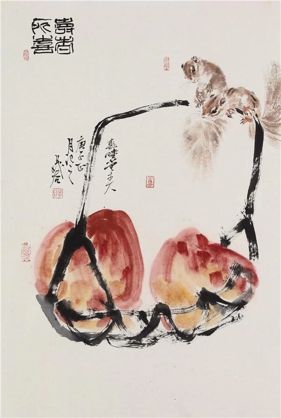 晁谷花鸟画《寿者所喜》藤篮双桃与松鼠