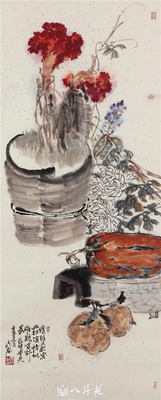 晁谷花鸟画欣赏-鸡冠花清供作品定制收藏插图1 undefined