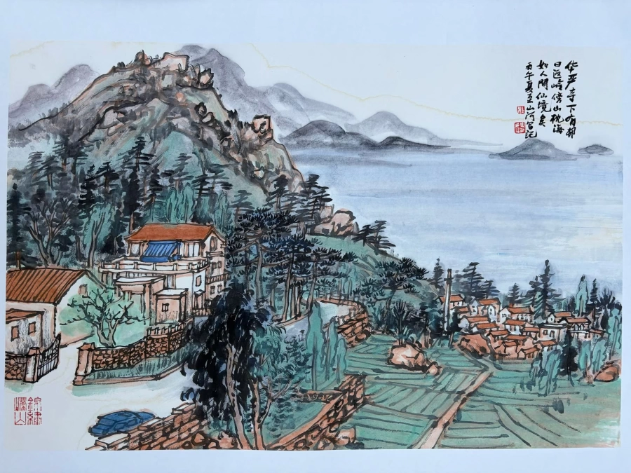 杜山河国画作品(山水)定制结缘【华严寺下有村】插图1 杜山河青绿山水《华严寺下有村》